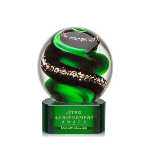 Awards and Plaques - Glass Trophies - Art Glass Trophies - Boykin on Half Round Base Green Globe Glass Trophy