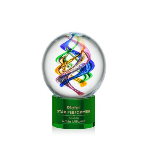 Awards and Plaques - Glass Trophies - Art Glass Trophies - Blackburn on Round Base Green Globe Glass Trophy