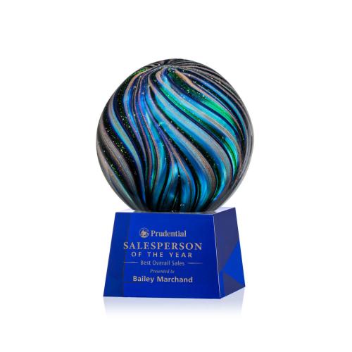 Awards and Plaques - Glass Trophies - Art Glass Trophies - McCray on Small Crystal Base Blue Globe Glass Trophy