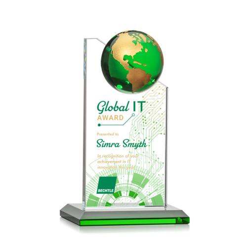 Awards and Plaques - Crystal Trophies - Myers  Full Color Green/Gold Globe Crystal Trophy