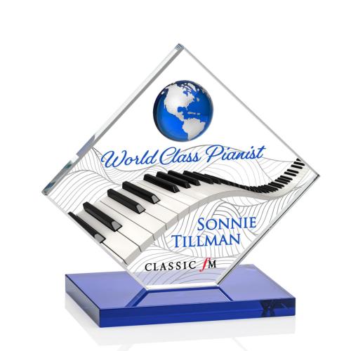 Awards and Plaques - Crystal Trophies - Buckley Full Color Blue/Silver Globe Crystal Trophy