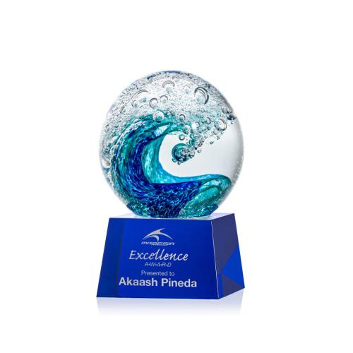 Awards and Plaques - Glass Trophies - Art Glass Trophies - Ocean Wave Globe on Small Crystal Blue Glass Trophy