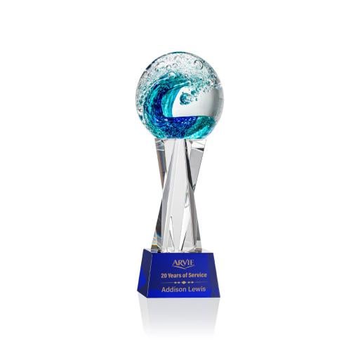 Awards and Plaques - Glass Trophies - Art Glass Trophies - Ocean Wave Globe on Saldana Crystal Base Glass Trophy