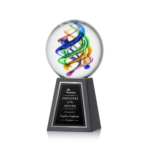 Awards and Plaques - Glass Trophies - Art Glass Trophies - Blackburn Globe on Tall Marble Base Glass Trophy