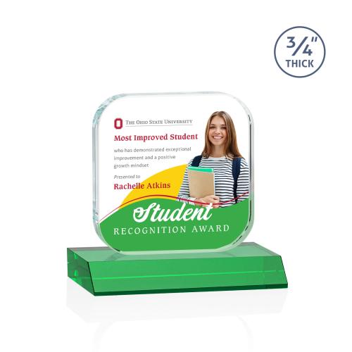 Awards and Plaques - Crystal Trophies - App Full Color Green Square / Cube Crystal Trophy