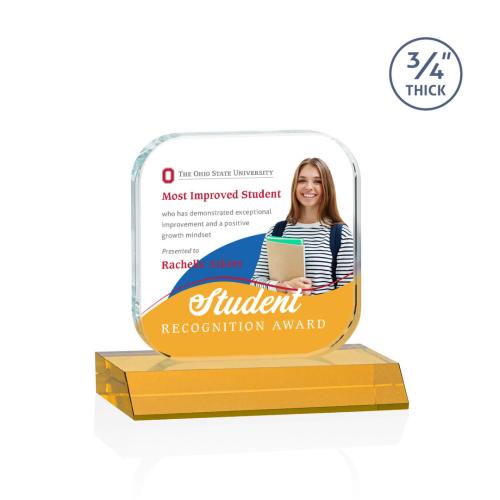Awards and Plaques - Crystal Trophies - App Full Color Amber Square / Cube Crystal Trophy
