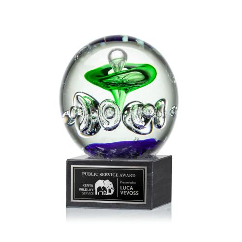 Awards and Plaques - Glass Trophies - Art Glass Trophies - Williamson Globe on Square Marble Base Glass Trophy