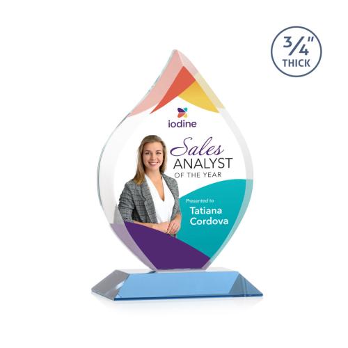 Awards and Plaques - Crystal Trophies - Cavazos Full Color Sky Blue Flame Crystal Trophy