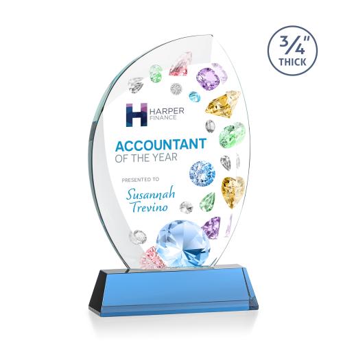 Awards and Plaques - Crystal Trophies - Oakes Full Color on Helton Base Sky Blue Flame Crystal Trophy