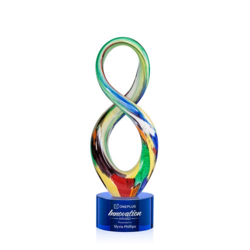 Awards and Plaques - Glass Trophies - Art Glass Trophies - Pitts on Round Base Blue Unique Glass Trophy