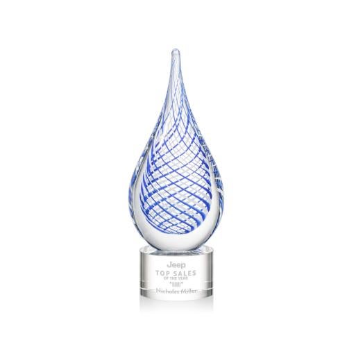Awards and Plaques - Glass Trophies - Art Glass Trophies - Striation on Round Base Clear Tear Drop Glass Trophy