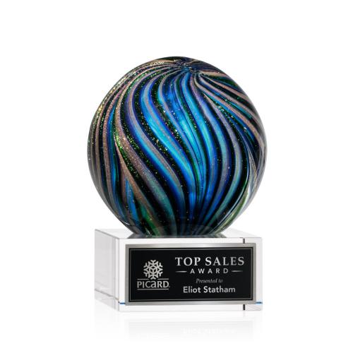 Awards and Plaques - Glass Trophies - Art Glass Trophies - McCray on Plated Crystal Base Clear Globe Glass Trophy