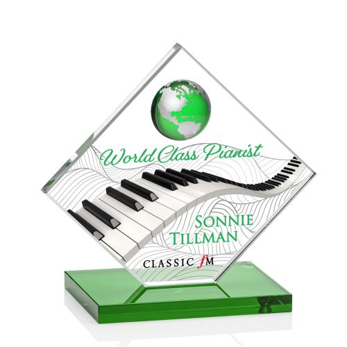 Awards and Plaques - Crystal Trophies - Buckley Full Color Green/Silver Globe Crystal Trophy