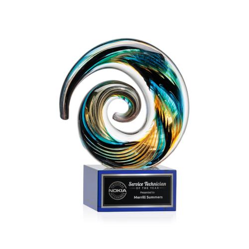 Awards and Plaques - Glass Trophies - Art Glass Trophies - Gleason on Plated Crystal Blue Circle Glass Trophy
