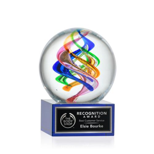 Awards and Plaques - Glass Trophies - Art Glass Trophies - Blackburn on Plated Crystal Base Blue Globe Glass Trophy