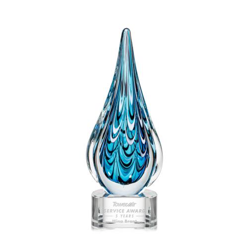 Awards and Plaques - Glass Trophies - Art Glass Trophies - Madsen on Half Round Base Clear Tear Drop Glass Trophy