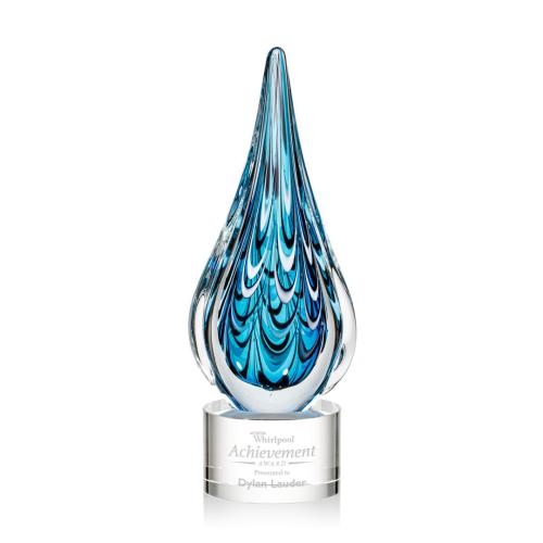 Awards and Plaques - Glass Trophies - Art Glass Trophies - Madsen on Round  Base Clear Tear Drop Glass Trophy