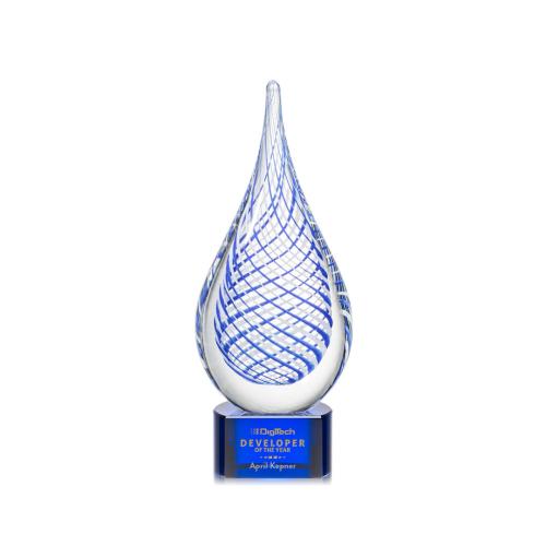Awards and Plaques - Glass Trophies - Art Glass Trophies - Striation on Half Round Base Blue Tear Drop Glass Trophy