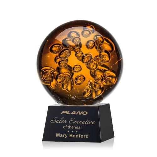 Awards and Plaques - Glass Trophies - Art Glass Trophies - Freeman on Small Crystal Base Black Globe Glass Trophy