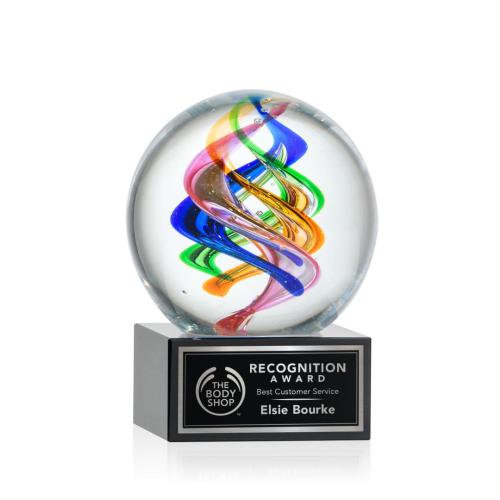 Awards and Plaques - Glass Trophies - Art Glass Trophies - Blackburn on Plated Crystal Base Black Globe Glass Trophy