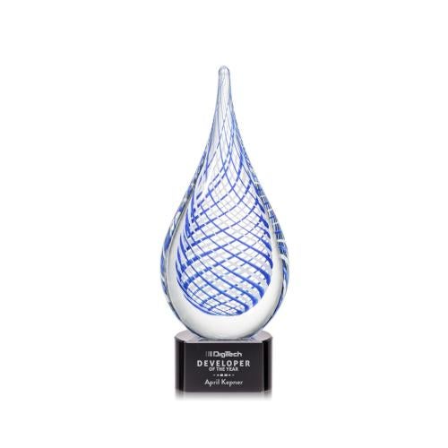 Awards and Plaques - Glass Trophies - Art Glass Trophies - Striation on Half Round Base Black Tear Drop Glass Trophy