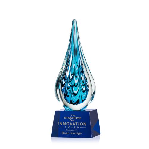Awards and Plaques - Glass Trophies - Art Glass Trophies - Madsen on Small Crystal Base Blue Tear Drop Glass Trophy
