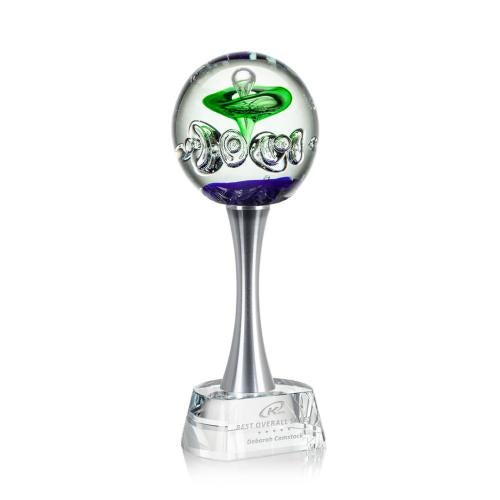 Awards and Plaques - Glass Trophies - Art Glass Trophies - Williamson Towers on Metal Pedestal Base Glass Trophy