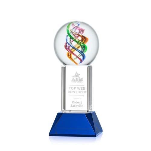 Awards and Plaques - Glass Trophies - Art Glass Trophies - Blackburn on Tower Base Blue Globe Glass Trophy