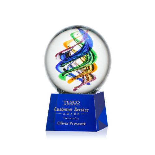 Awards and Plaques - Glass Trophies - Art Glass Trophies - Blackburn on Small Crystal Base Blue Globe Glass Trophy