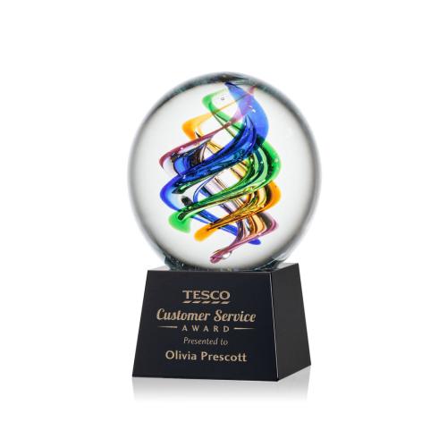 Awards and Plaques - Glass Trophies - Art Glass Trophies - Blackburn on Small Crystal Base Black Globe Glass Trophy