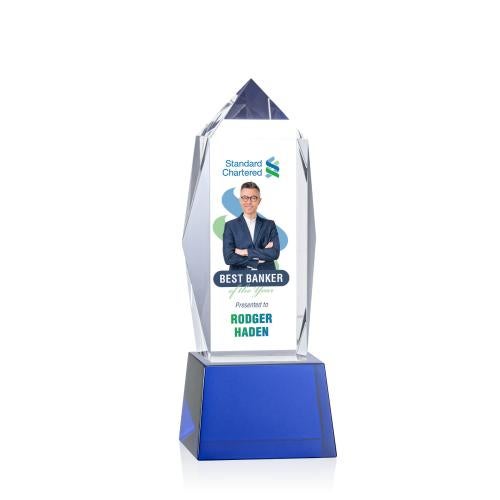 Awards and Plaques - Crystal Trophies - Navarro Full Color on Base Blue Obelisk Crystal Trophy