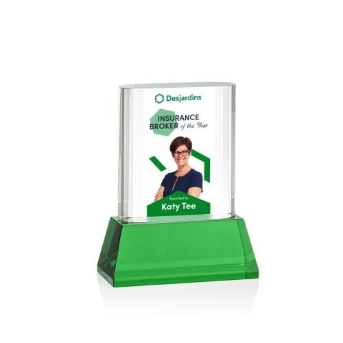 Awards and Plaques - Crystal Trophies - Downey Full Color on Base Green Rectangle Crystal Trophy