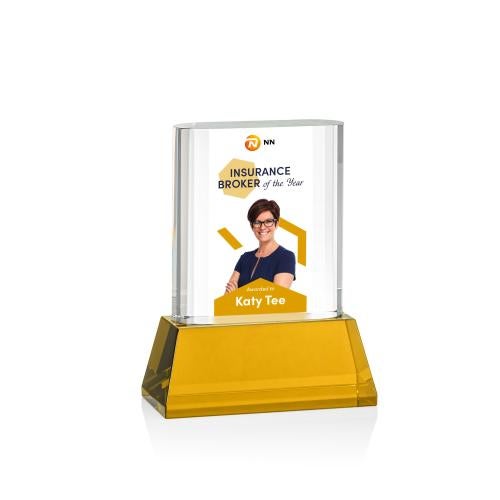 Awards and Plaques - Crystal Trophies - Downey Full Color on Base Amber Rectangle Crystal Trophy