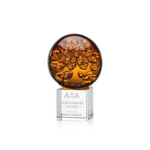 Awards and Plaques - Glass Trophies - Art Glass Trophies - Freeman Globe on Square Crystal Base Glass Trophy