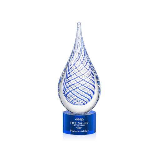 Awards and Plaques - Glass Trophies - Art Glass Trophies - Striation on Round Base Blue Tear Drop Glass Trophy