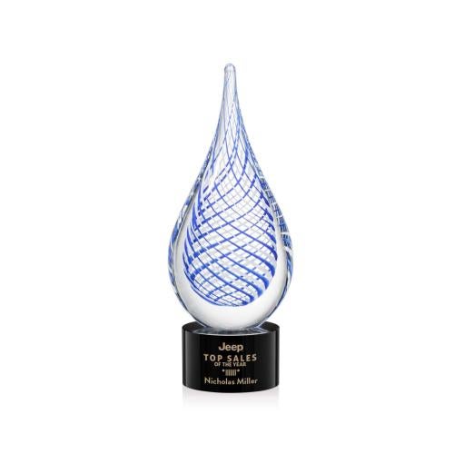 Awards and Plaques - Glass Trophies - Art Glass Trophies - Striation on Round Base Black Tear Drop Glass Trophy