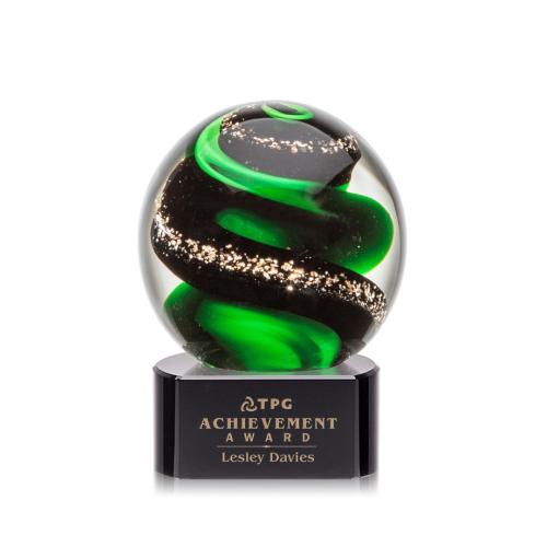 Awards and Plaques - Glass Trophies - Art Glass Trophies - Boykin on Half Round Base Black Globe Glass Trophy