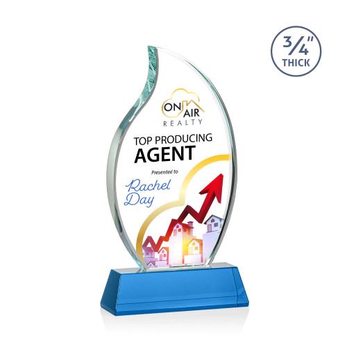 Awards and Plaques - Crystal Trophies - Summers Full Color on Helton Base Sky Blue Flame Crystal Trophy