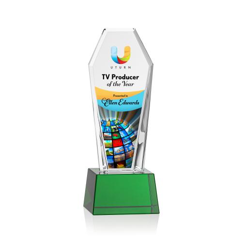Awards and Plaques - Crystal Trophies - Thorpe Full Color on Base Green Towers Crystal Trophy
