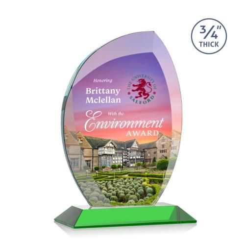 Awards and Plaques - Crystal Trophies - Oakes Full Color Green Flame Crystal Trophy