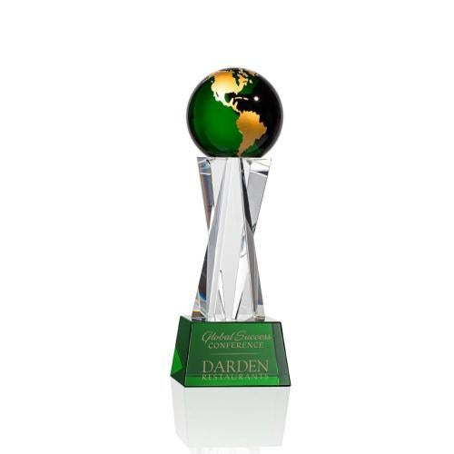 Awards and Plaques - Crystal Trophies - Branch Green/Gold Globe Crystal Trophy