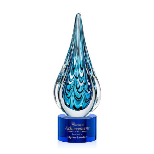 Awards and Plaques - Glass Trophies - Art Glass Trophies - Madsen on Round Base Blue Tear Drop Glass Trophy
