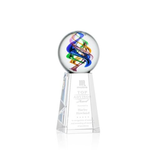 Awards and Plaques - Glass Trophies - Art Glass Trophies - Blackburn Globe on Tall Crystal Base Glass Trophy
