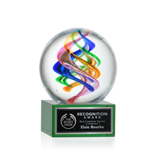 Awards and Plaques - Glass Trophies - Art Glass Trophies - Blackburn on Plated Crystal Base Green Globe Glass Trophy