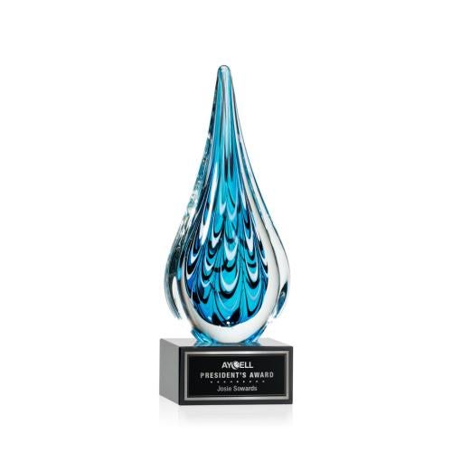 Awards and Plaques - Glass Trophies - Art Glass Trophies - Madsen on Plated Crystal Base Black Tear Drop Glass Trophy
