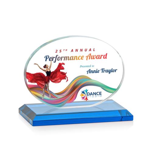 Awards and Plaques - Crystal Trophies - Woods (Horiz) Full Color Sky Blue Circle Crystal Trophy