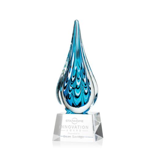Awards and Plaques - Glass Trophies - Art Glass Trophies - Madsen on Small Crystal Base Clear Tear Drop Glass Trophy