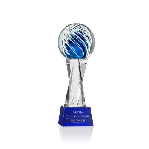 Awards and Plaques - Glass Trophies - Art Glass Trophies - Truong Globe on Saldana Crystal Base Glass Trophy