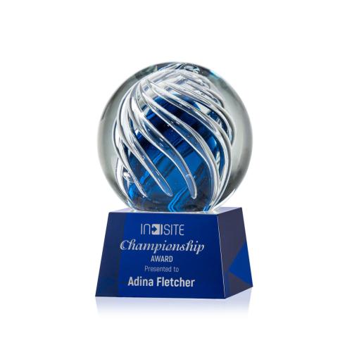 Awards and Plaques - Glass Trophies - Art Glass Trophies - Truong on Small Crystal Base Blue Globe Glass Trophy