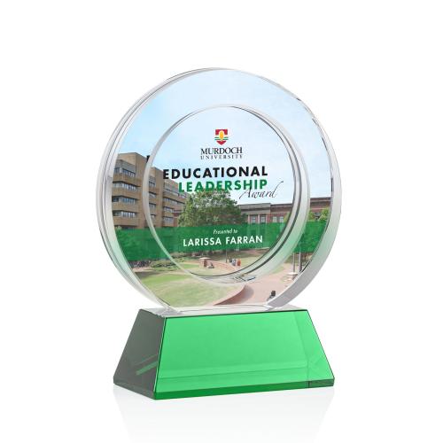 Awards and Plaques - Crystal Trophies - Napier Full Color on Base Green Circle Crystal Trophy
